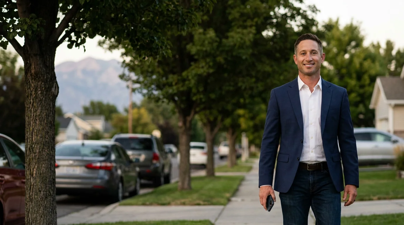 Greg Swartz walking down a tree-lined Utah County street in the evening
