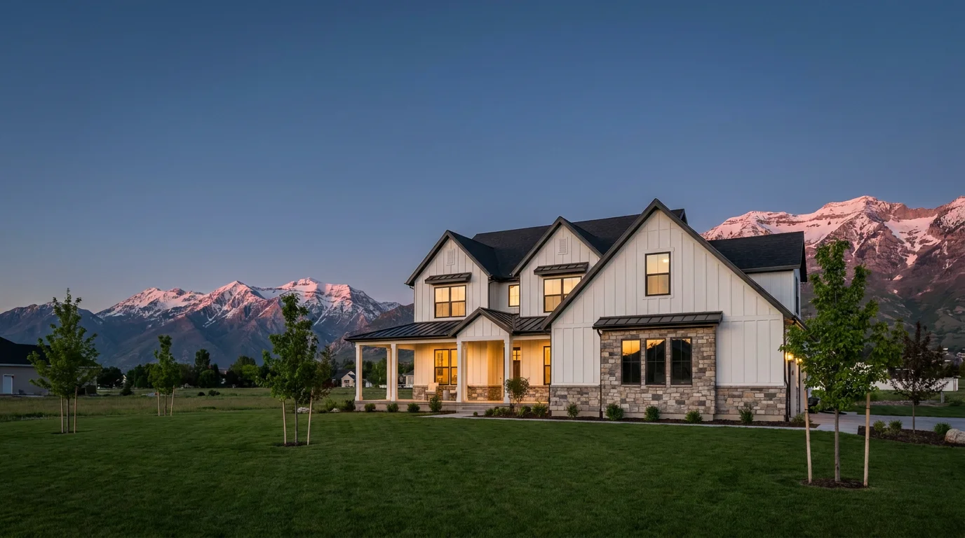Modern farmhouse at dusk beneath Mount Timpanogos in Utah County