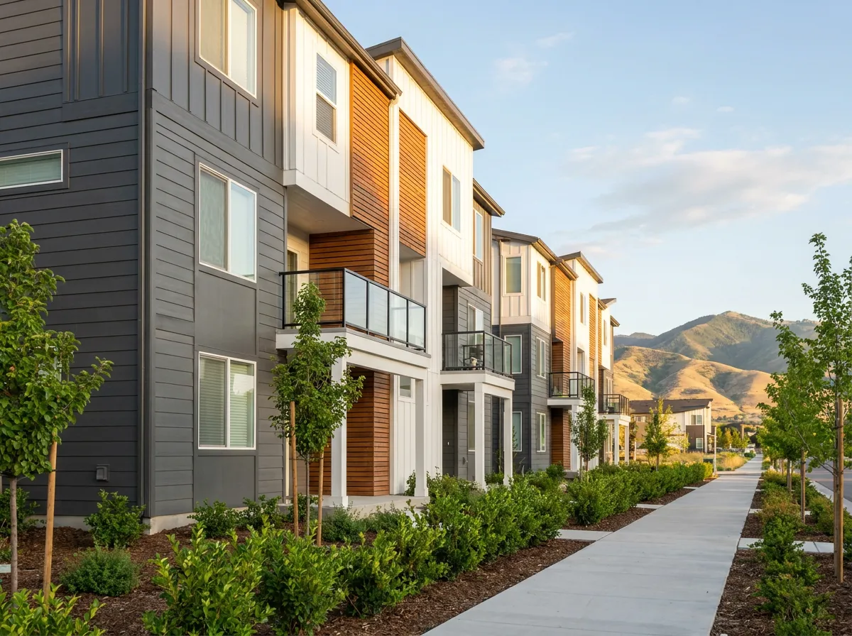 Row of new modern townhomes along a landscaped Utah County sidewalk