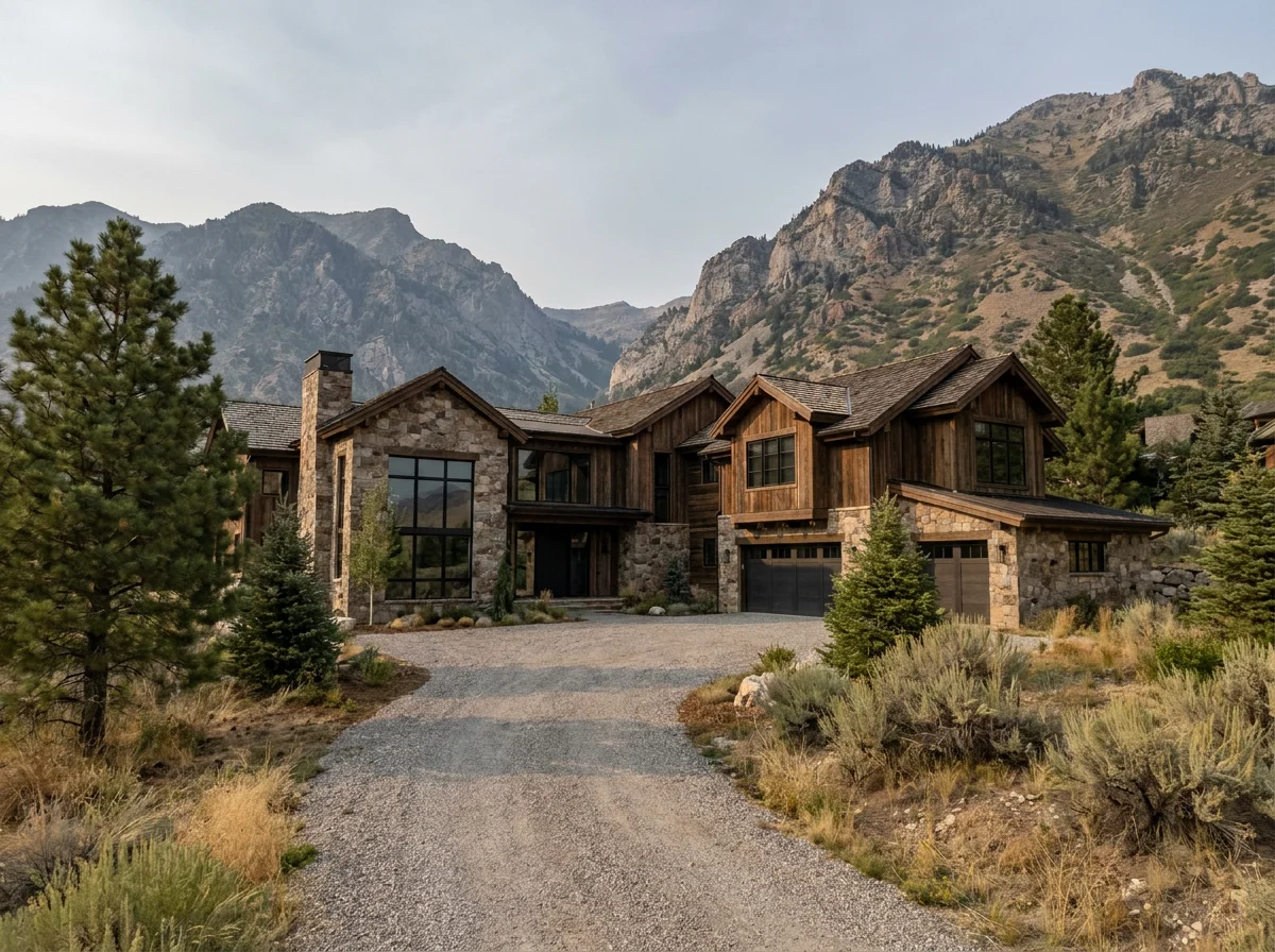 Custom stone-and-timber mountain home against the steep slopes above Alpine, Utah