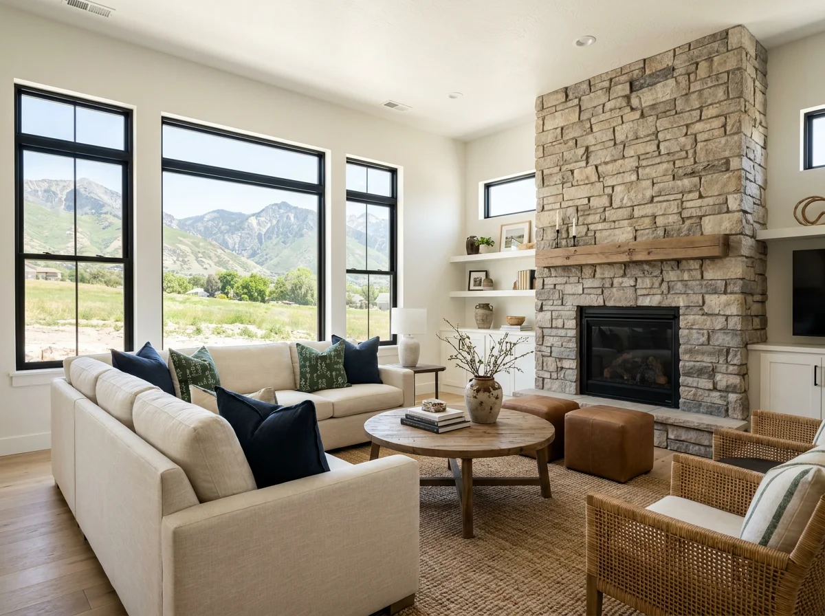 Bright, staged great room with a stone fireplace and mountain views