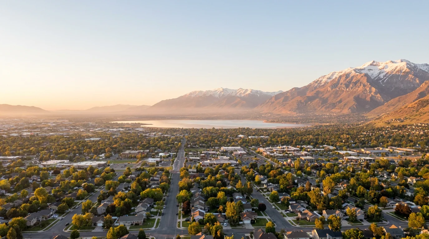 Utah Valley neighborhoods, Utah Lake, and Mount Timpanogos at golden hour