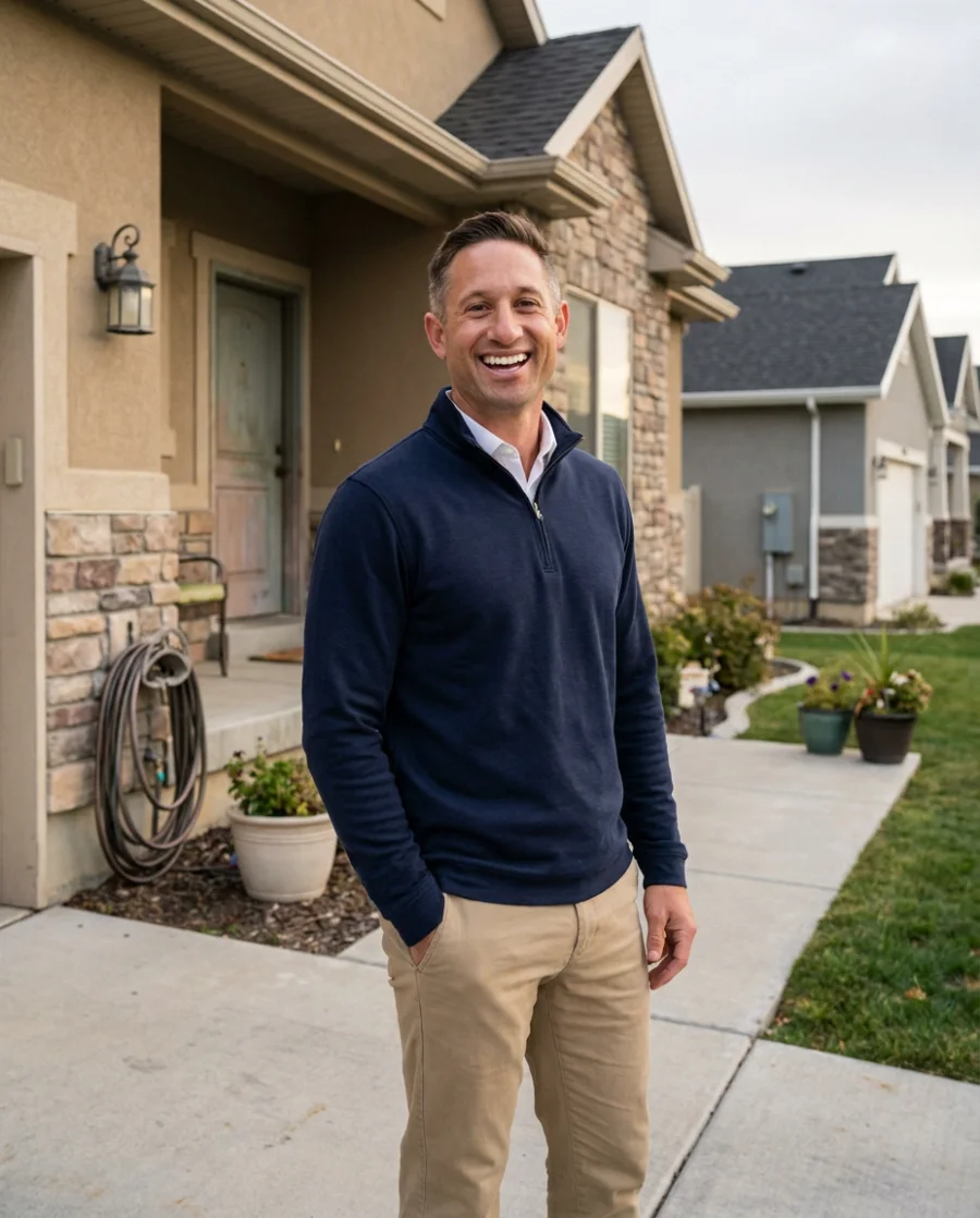Greg Swartz on the front walk of a Utah County home
